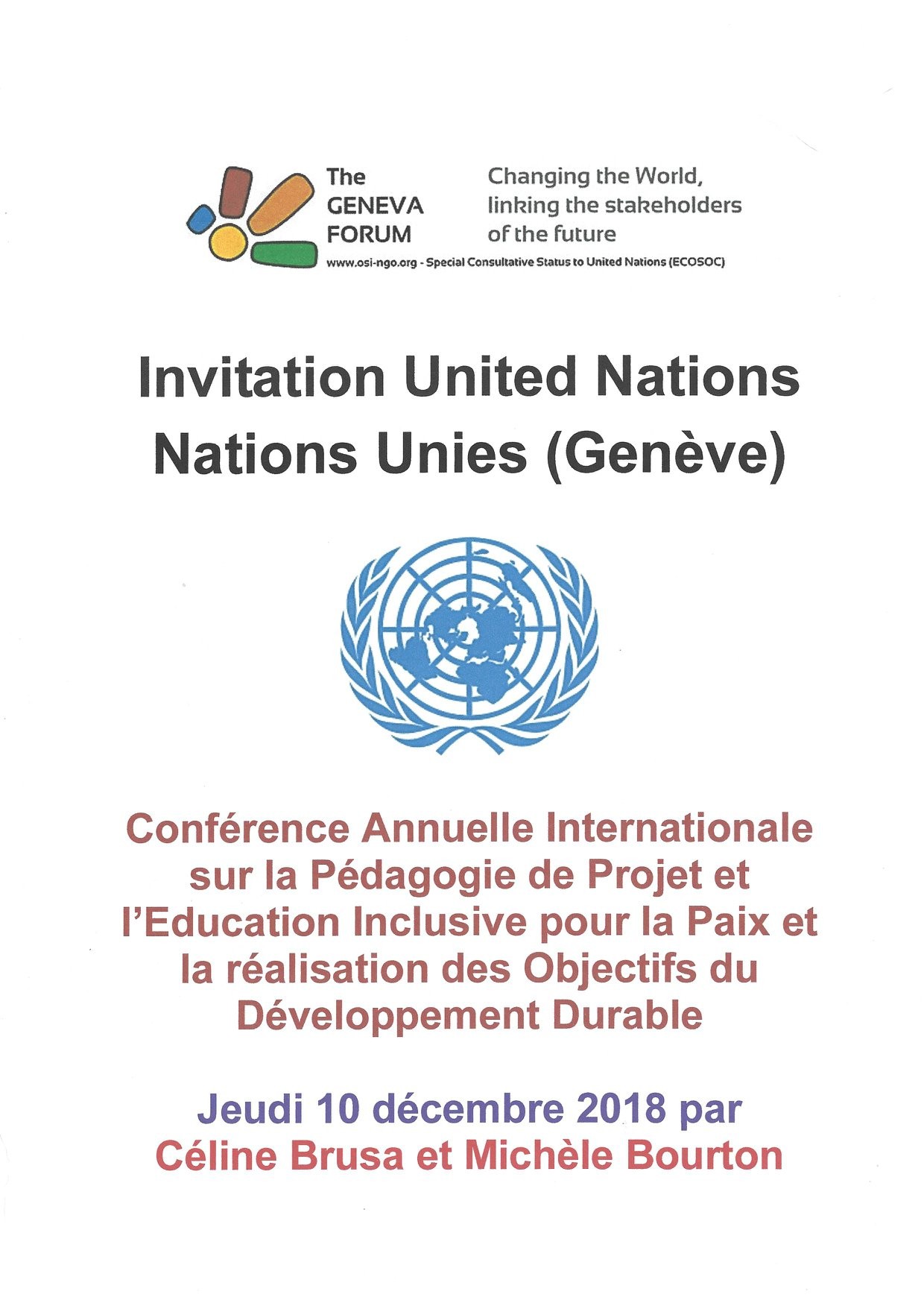 Invitation ONU Genève - décembre 2018